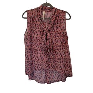 Paper Crane Women's Sz L Pink Ditsy Floral Sheer Sleeveless Blouse High Low